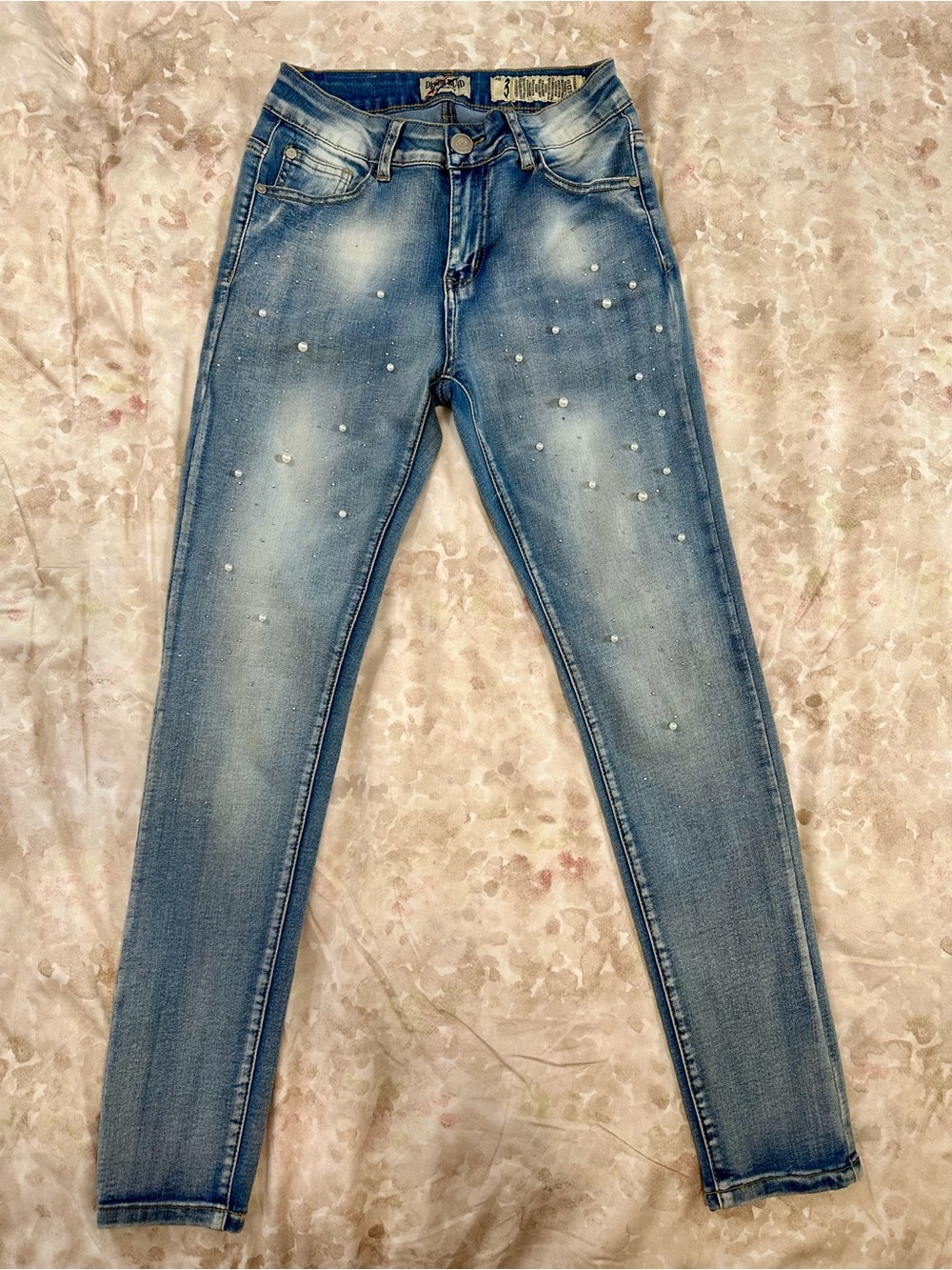 Pearl-Embellished Skinny Jeans - Light Blue